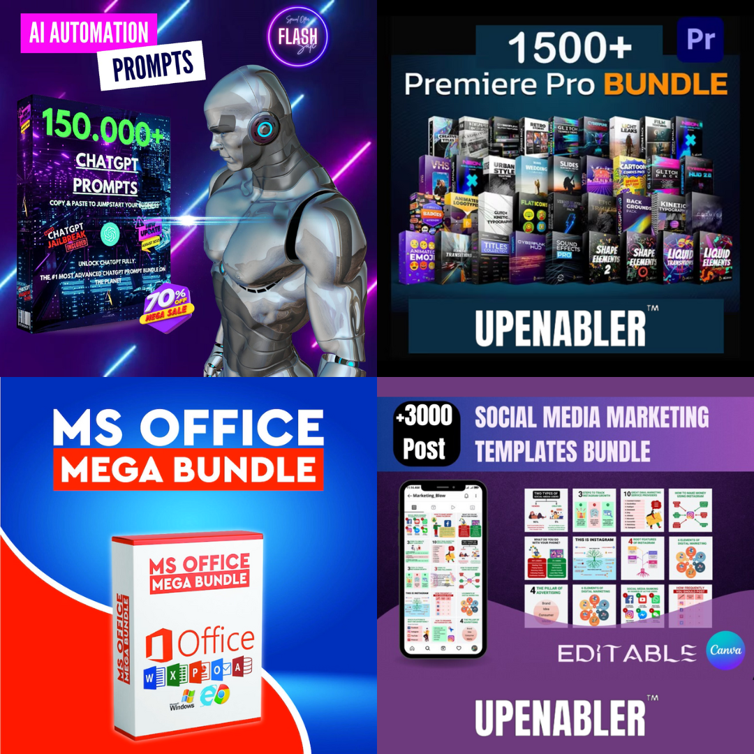 UPENABLER - Mega Bundle Business des invites de ChatGPT, modèle de publication de marketing sur les réseaux sociaux, modèle Microsoft Office, transitions Adobe Premiere Pro